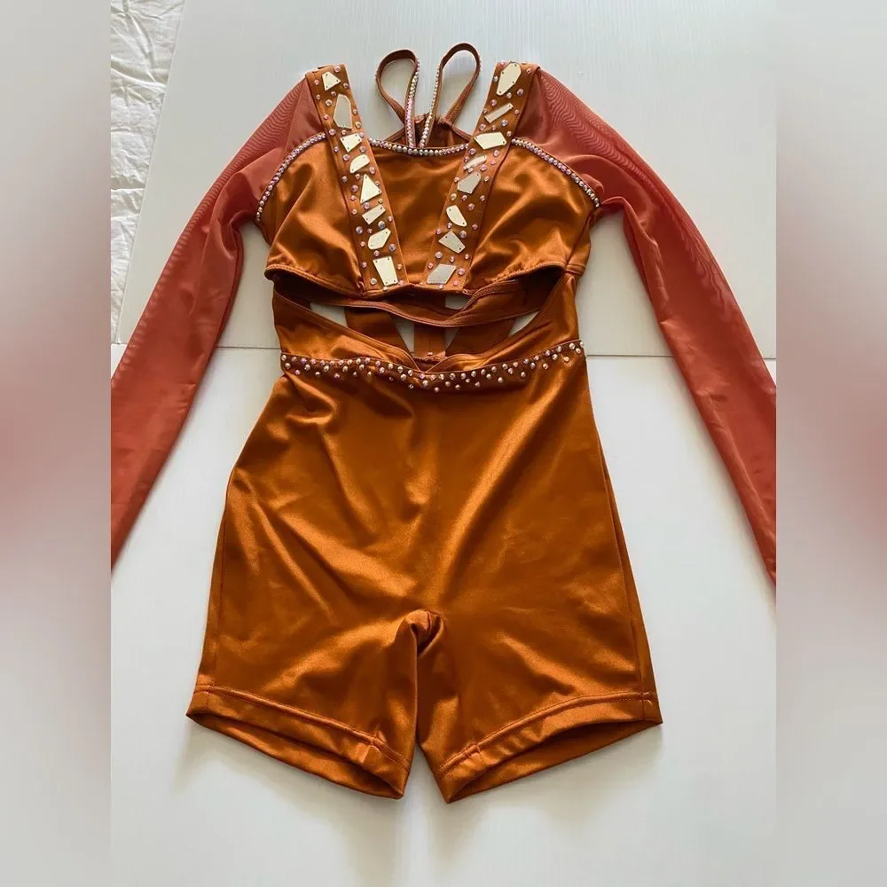 Weissman solo custom rhinestone dance costume orange Baba O'Riley 15845 MC child - Picture 6 of 15